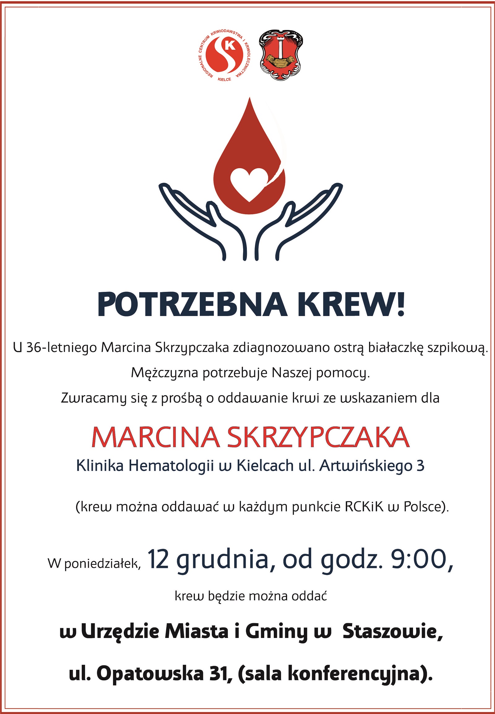 Zbiórka krwi dla Marcina Skrzypczaka